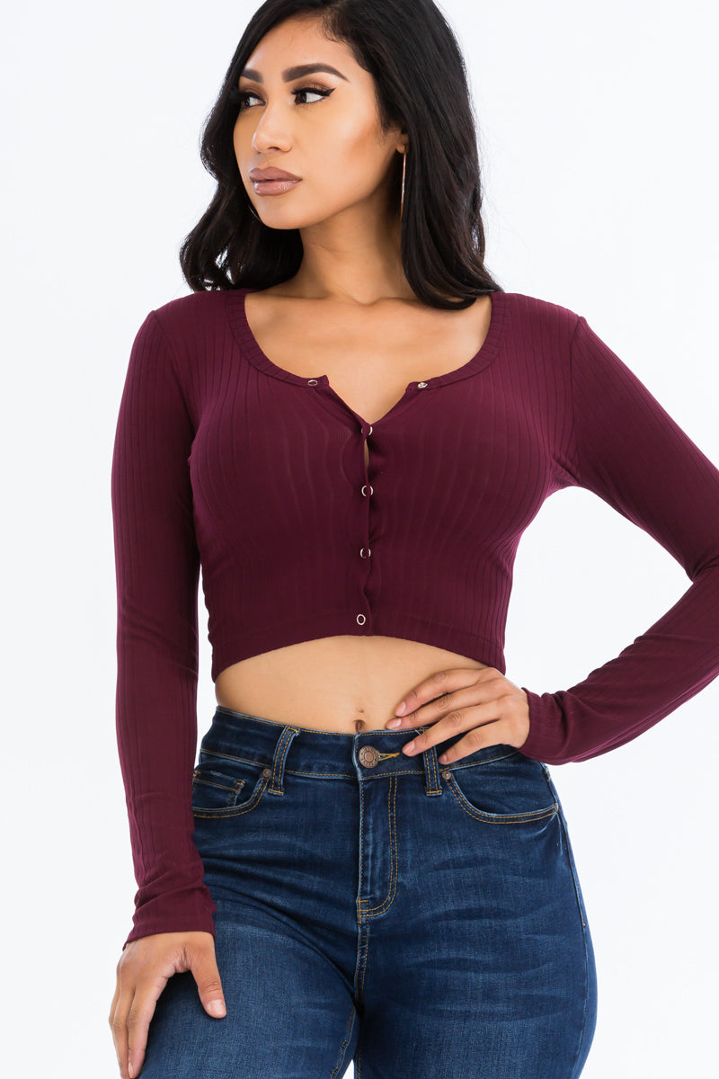 Ribbed Long Sleeve Snap Button Down Crop Top-6
