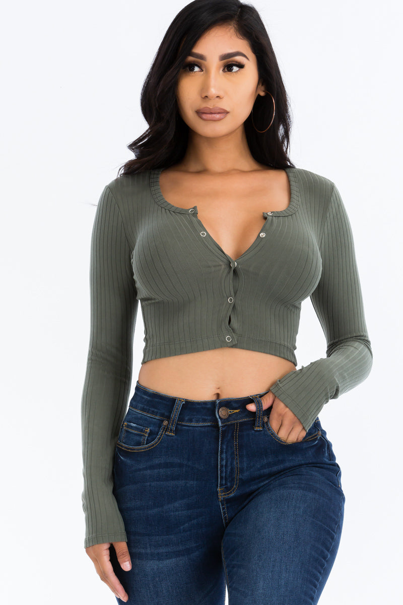 Ribbed Long Sleeve Snap Button Down Crop Top-9