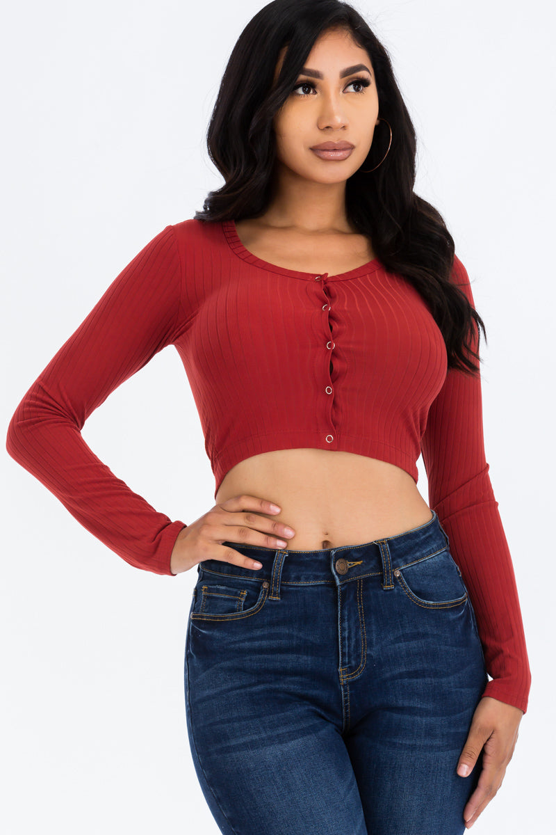 Ribbed Long Sleeve Snap Button Down Crop Top-10