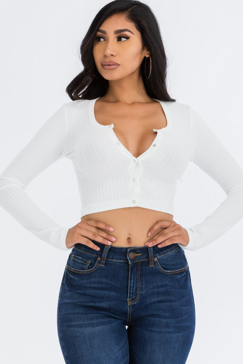 Ribbed Long Sleeve Snap Button Down Crop Top-11