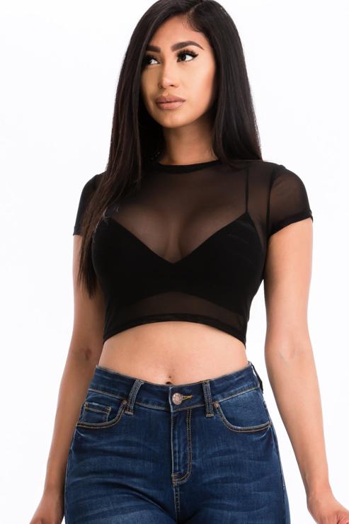 Sexy Mesh Sheer Short Sleeve Crop Top-5