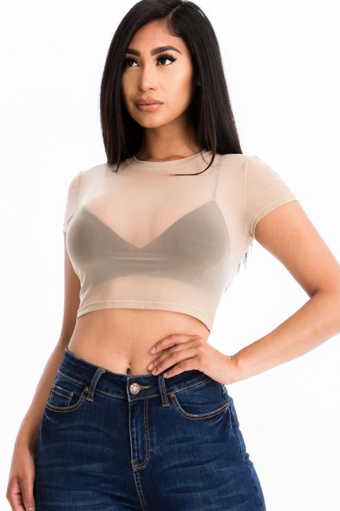 Sexy Mesh Sheer Short Sleeve Crop Top-7