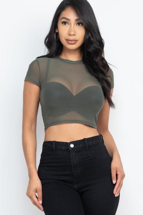 Sexy Mesh Sheer Short Sleeve Crop Top-8