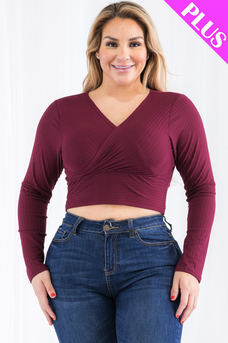 Plus Size Ribbed Wrap Front Long Sleeve Top-7
