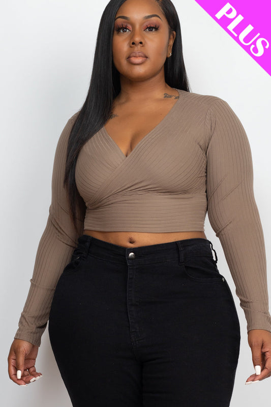 Plus Size Ribbed Wrap Front Long Sleeve Top-0
