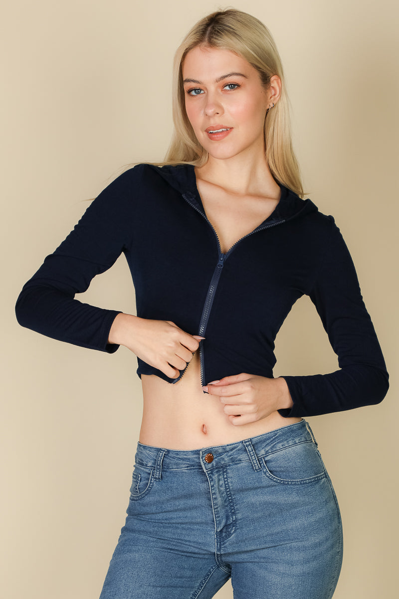 French Terry Crop Zip Up Hoodie-0