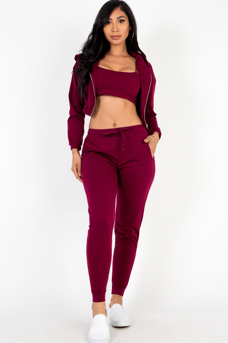 French Terry Cropped Cami with Zip-up Jacket and Joggers Set-6