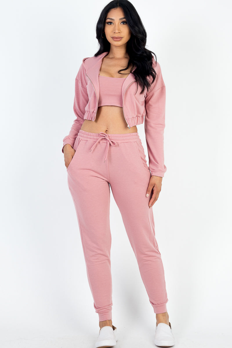 French Terry Cropped Cami with Zip-up Jacket and Joggers Set-7