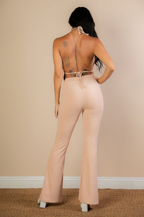 Split Front Backless Halter Top & Flare Pants Set-2