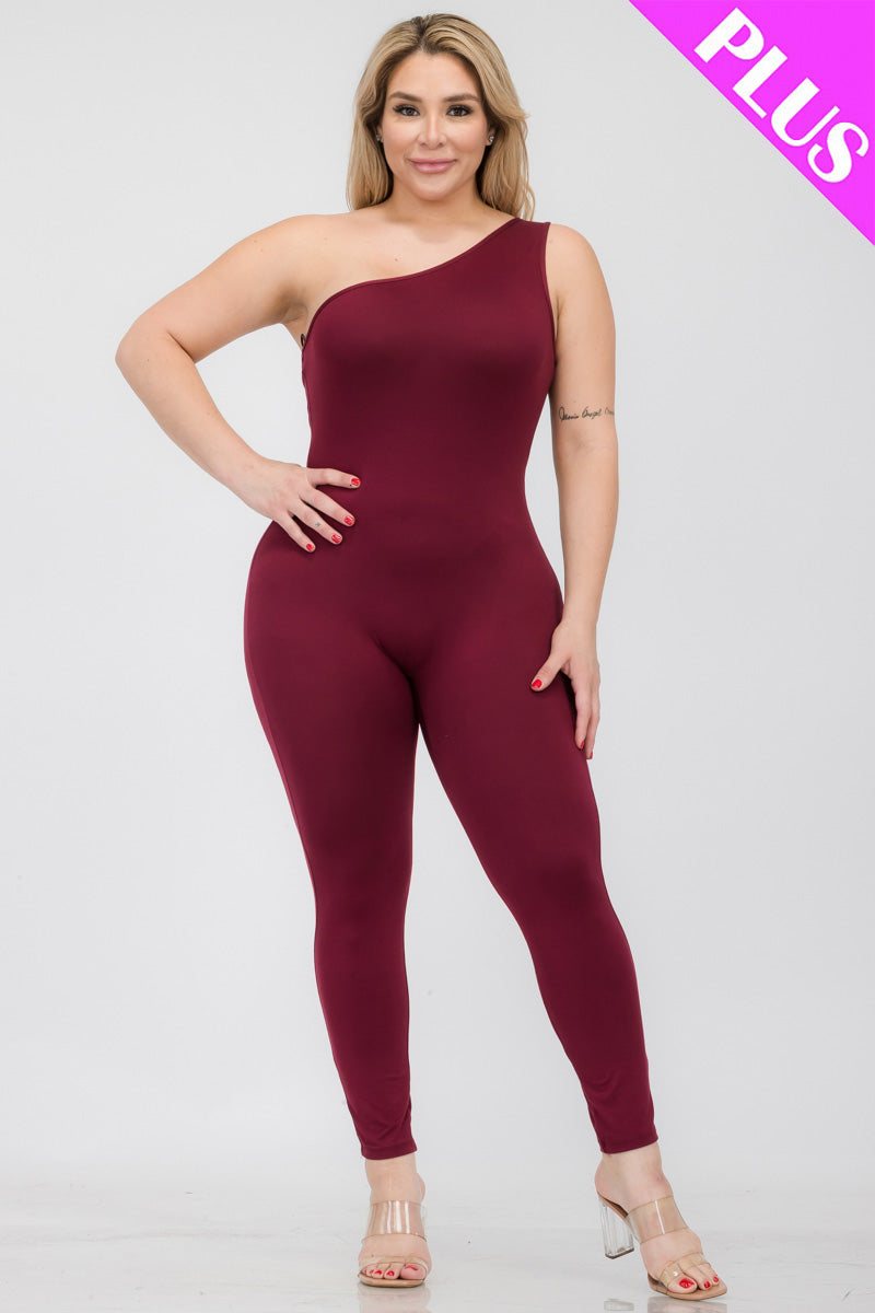 Plus Size Solid Color One Shoulder Jumpsuit-5