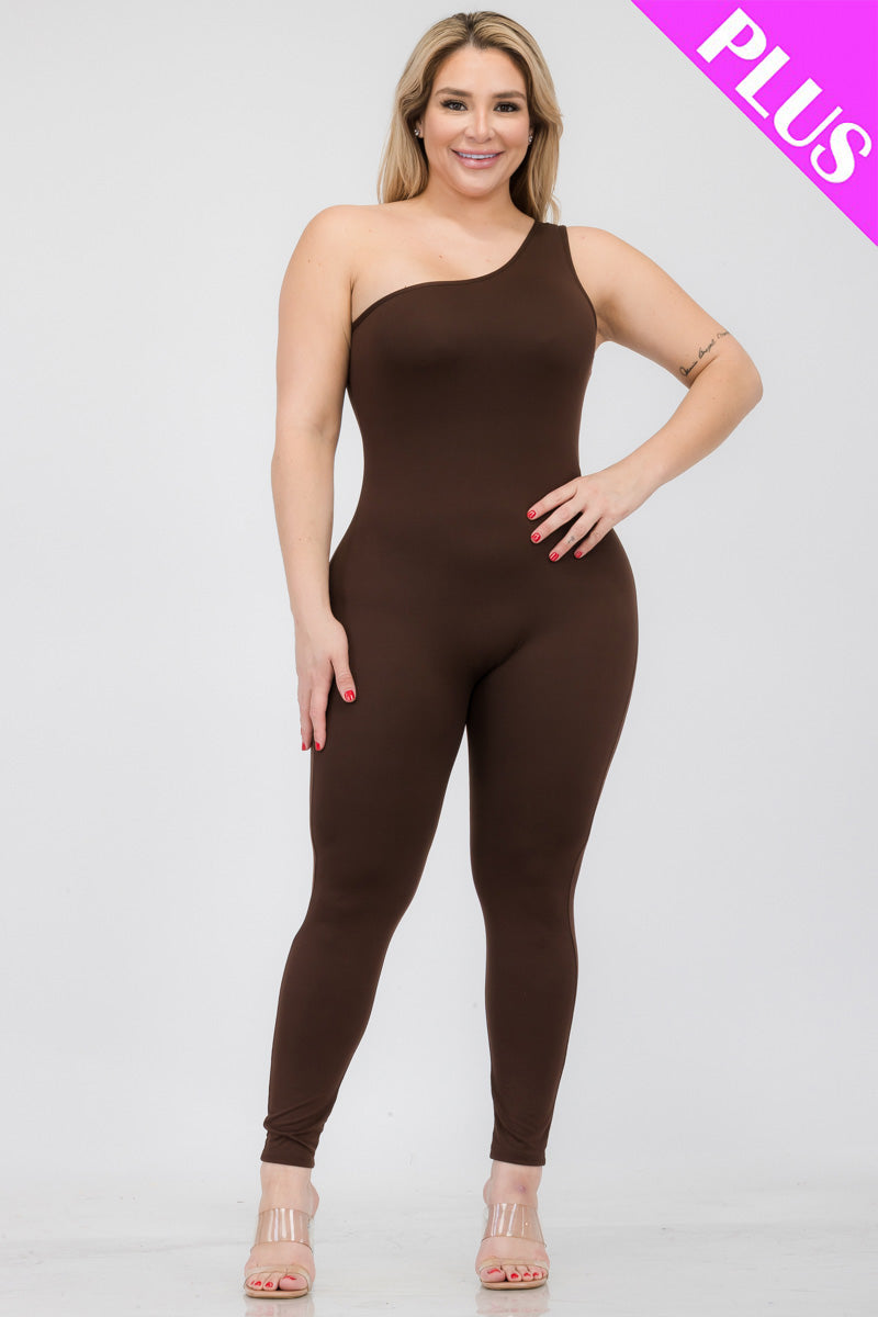 Plus Size Solid Color One Shoulder Jumpsuit-6