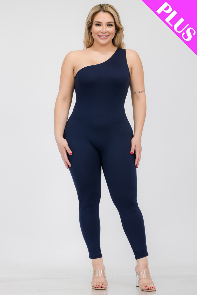 Plus Size Solid Color One Shoulder Jumpsuit-7
