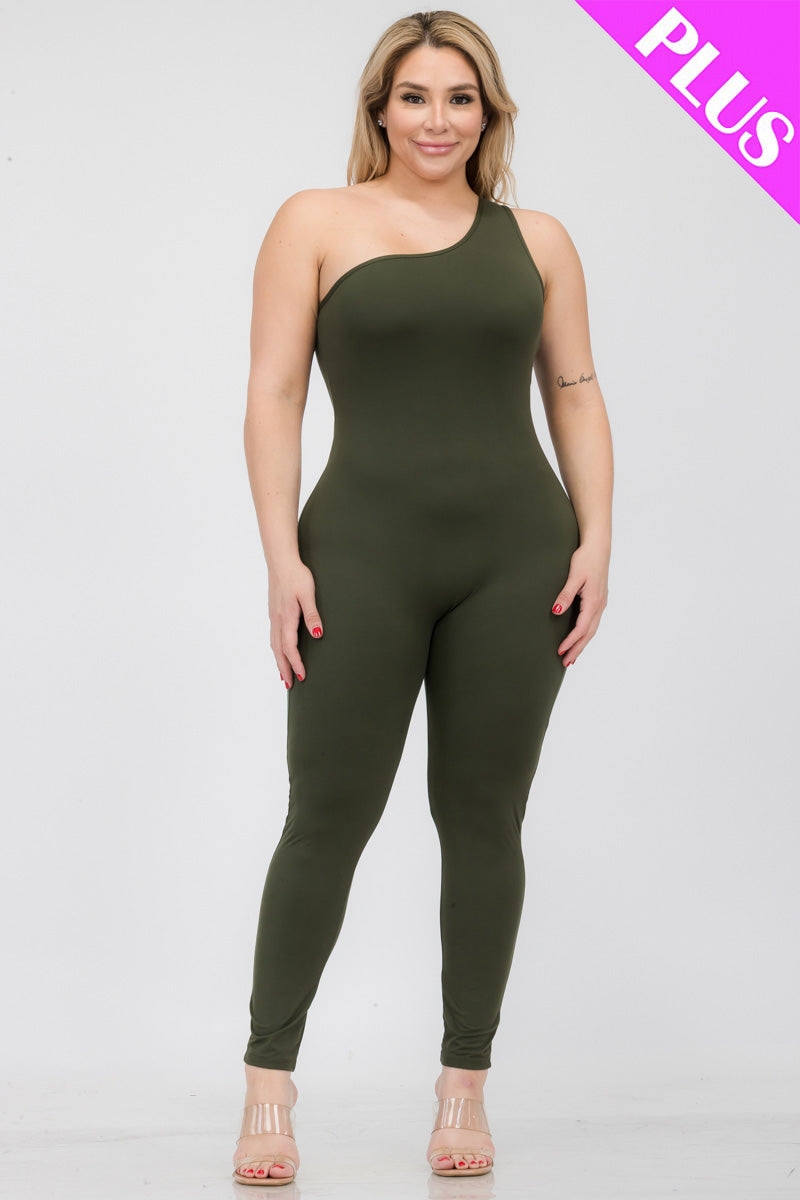 Plus Size Solid Color One Shoulder Jumpsuit-8