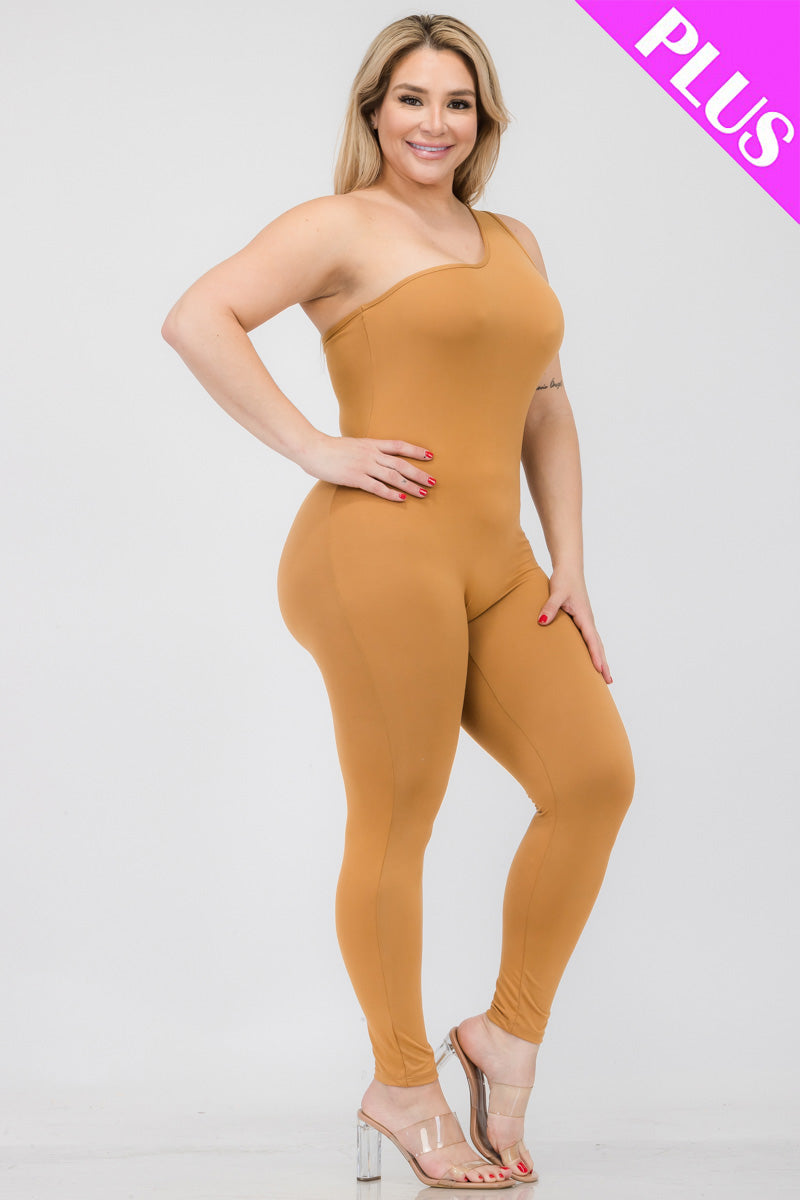Plus Size Solid Color One Shoulder Jumpsuit-1