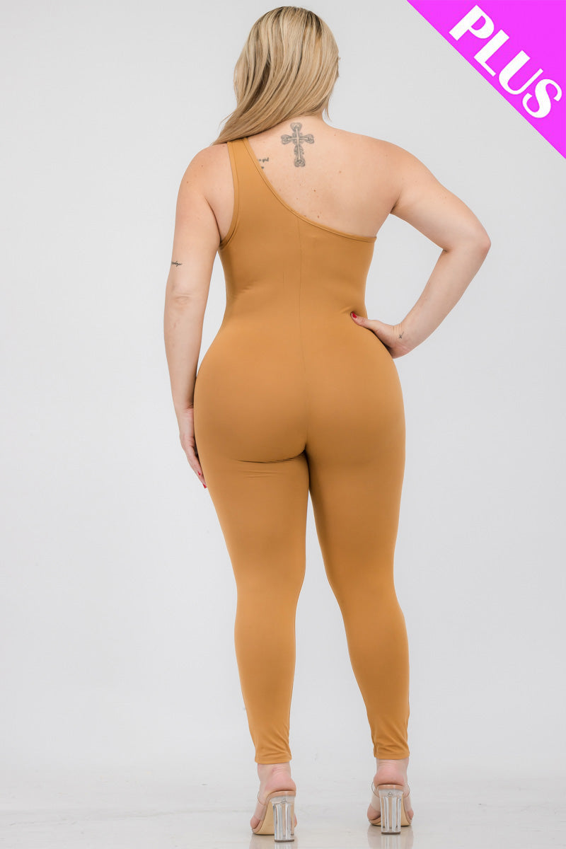 Plus Size Solid Color One Shoulder Jumpsuit-2