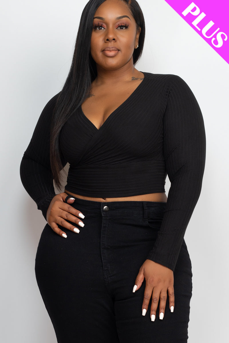 Plus Size Ribbed Wrap Front Long Sleeve Top-5