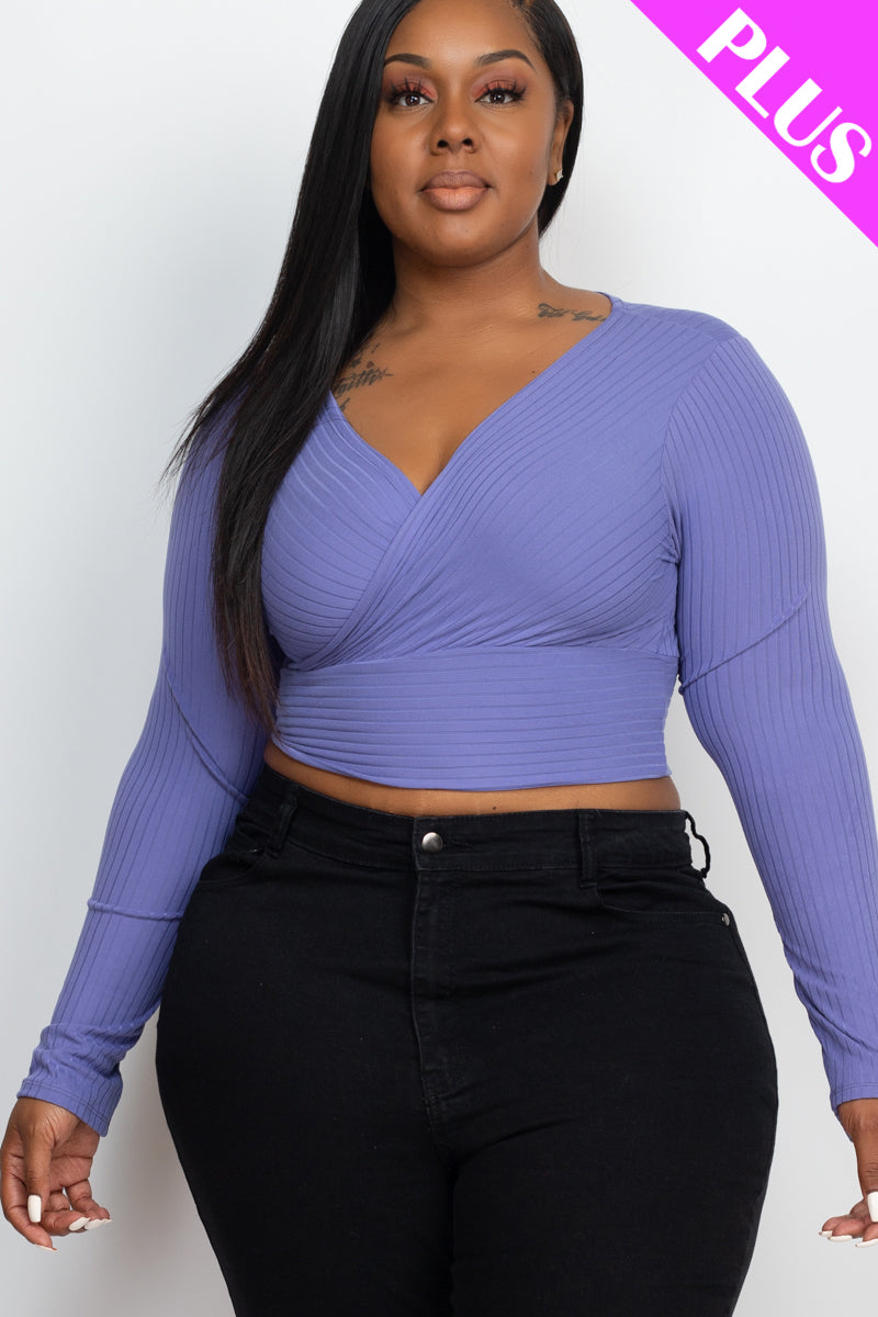 Plus Size Ribbed Wrap Front Long Sleeve Top-8