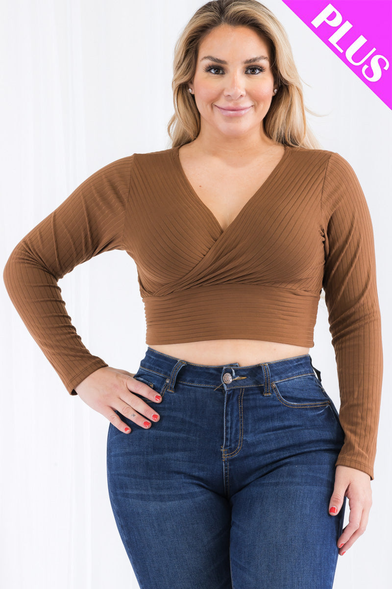 Plus Size Ribbed Wrap Front Long Sleeve Top-9