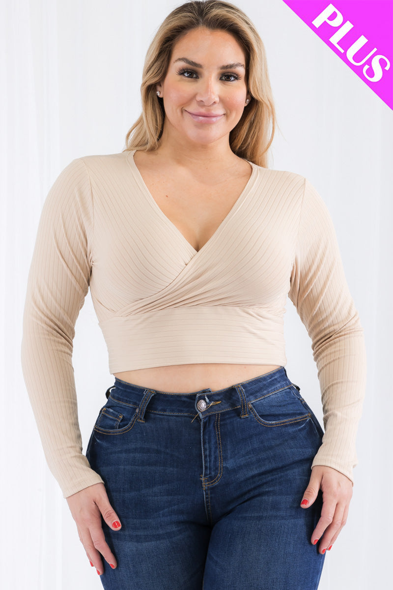 Plus Size Ribbed Wrap Front Long Sleeve Top-11