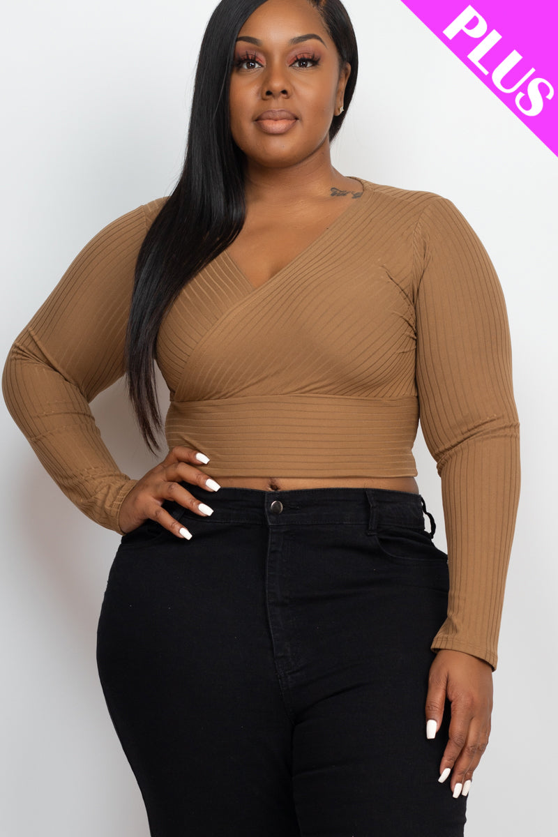 Plus Size Ribbed Wrap Front Long Sleeve Top-12