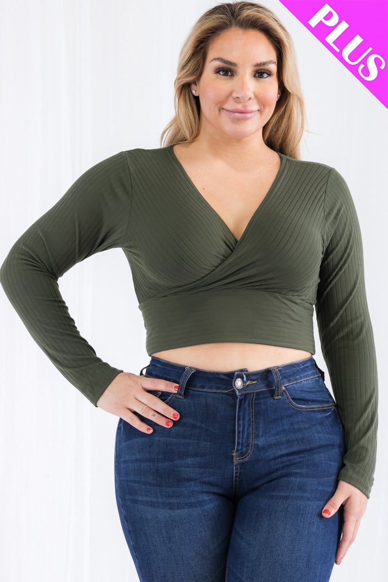 Plus Size Ribbed Wrap Front Long Sleeve Top-13