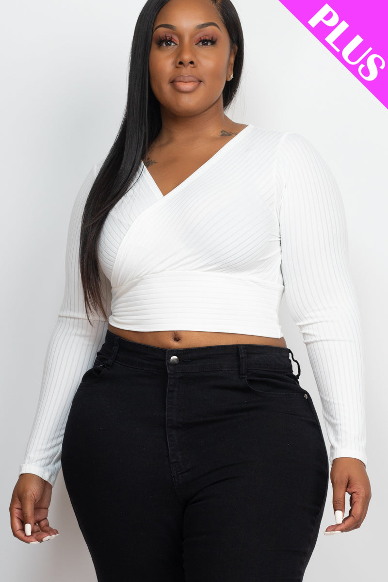 Plus Size Ribbed Wrap Front Long Sleeve Top-14