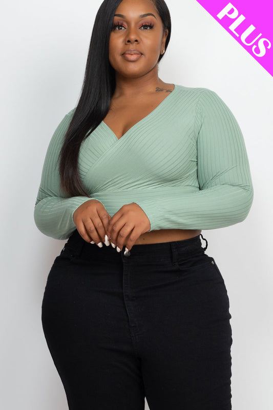 Plus Size Ribbed Wrap Front Long Sleeve Top-10