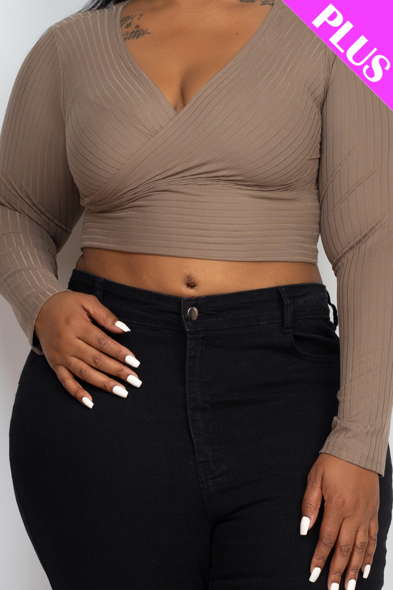 Plus Size Ribbed Wrap Front Long Sleeve Top-3