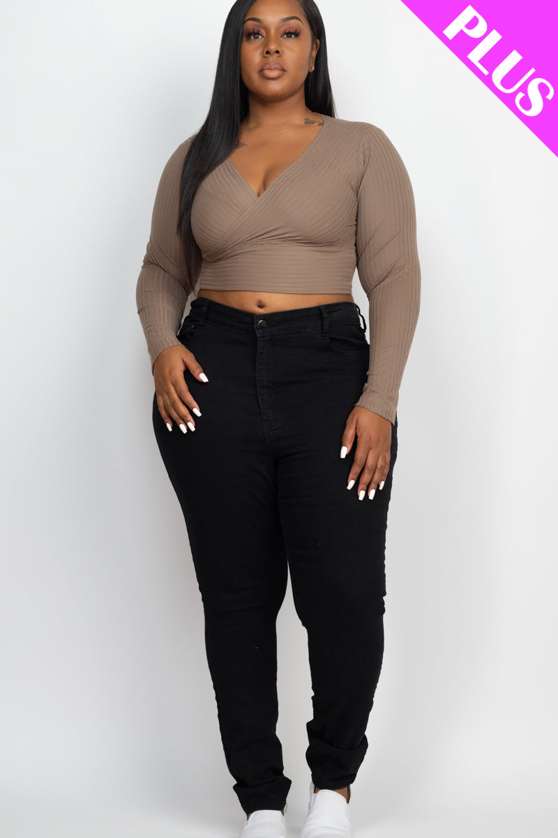 Plus Size Ribbed Wrap Front Long Sleeve Top-4