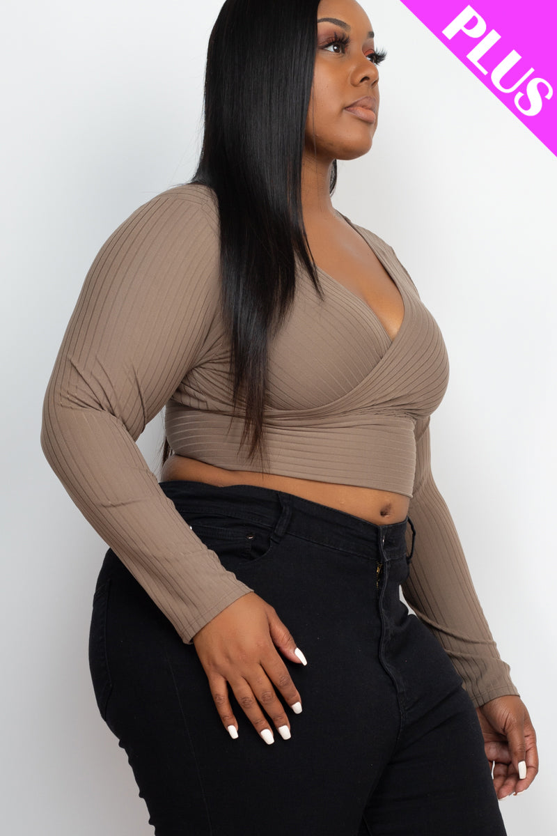 Plus Size Ribbed Wrap Front Long Sleeve Top-1