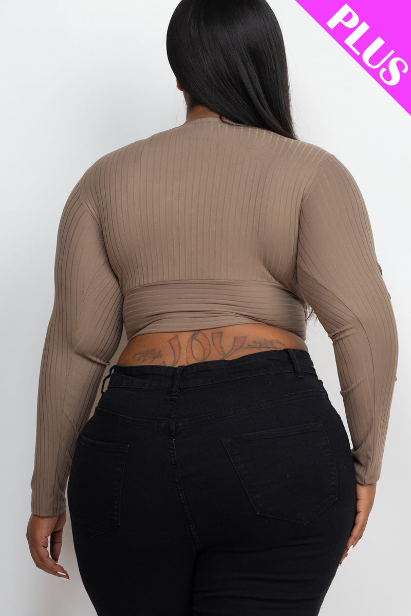 Plus Size Ribbed Wrap Front Long Sleeve Top-2