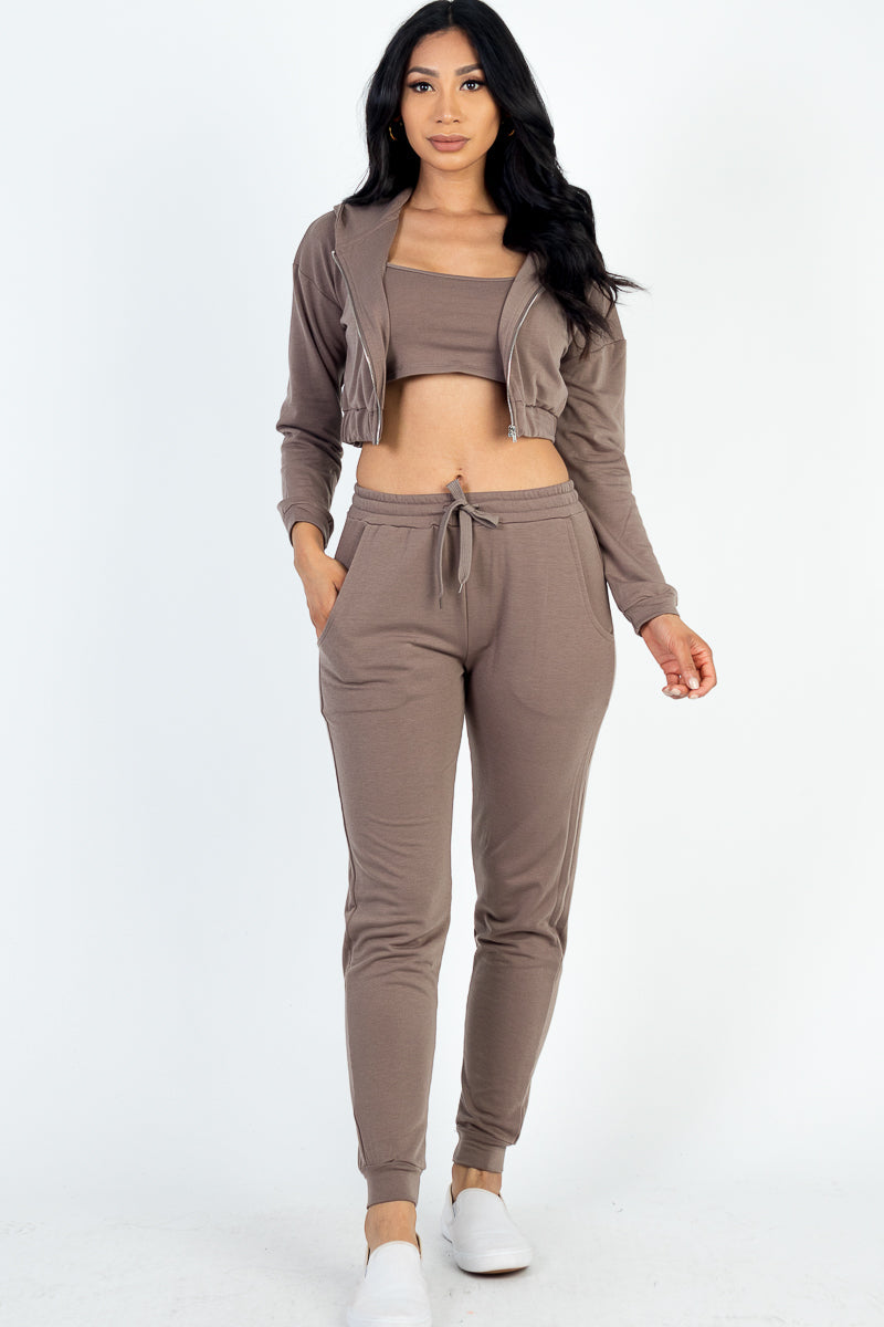 French Terry Cropped Cami with Zip-up Jacket and Joggers Set-9
